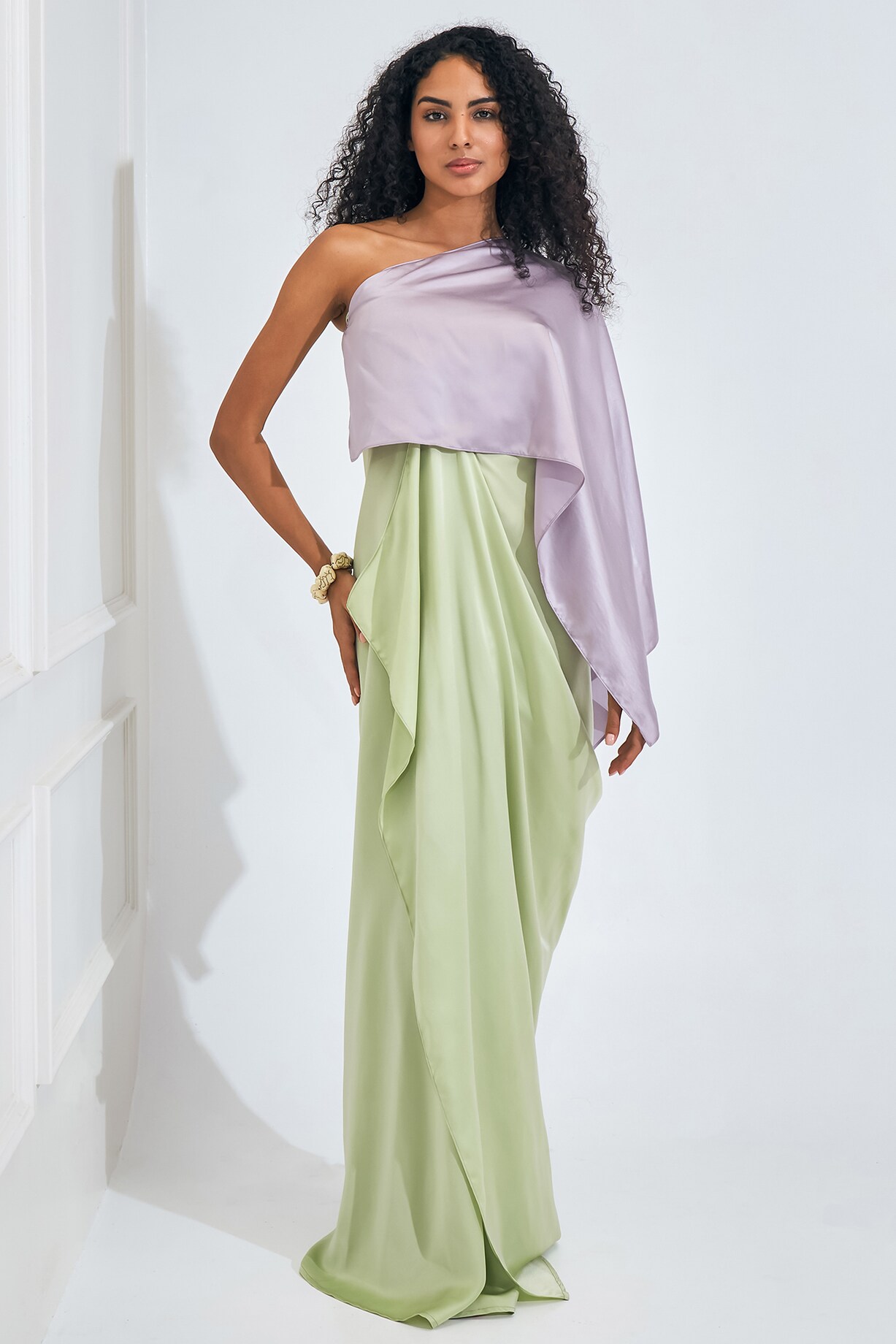 Pernia's Pop Up Shop - Na-Ka Women Lilac & Mint Green Moss Satin Draped Flared Gown