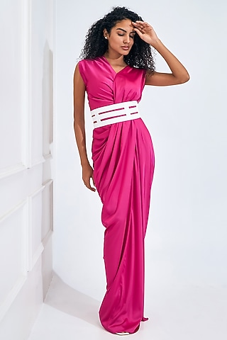 Fuschia Pink & White Satin Draped Gown by NA-KA