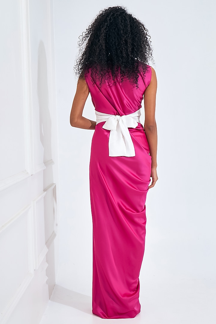 Fuschia Pink & White Satin Draped Gown by NA-KA at Pernia's Pop Up Shop