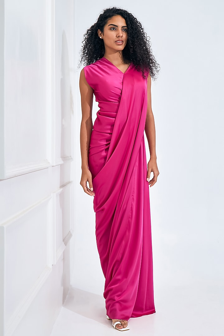 Fuschia Pink & White Satin Draped Gown by NA-KA at Pernia's Pop Up Shop