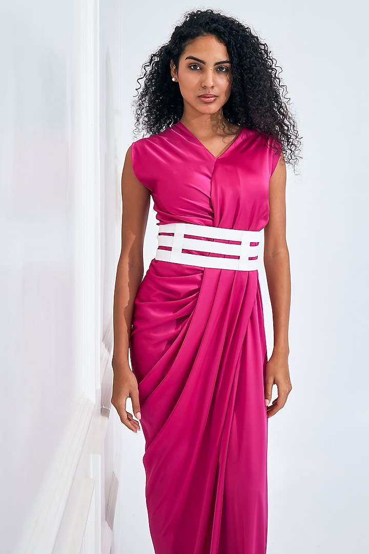 Fuschia Pink & White Satin Draped Gown by NA-KA at Pernia's Pop Up Shop