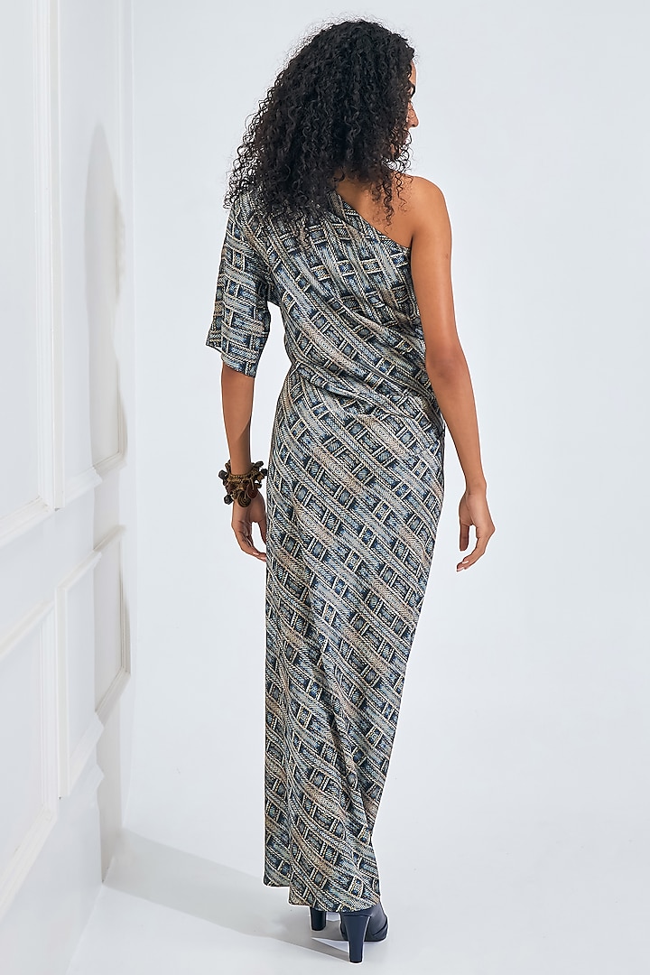 Blue & Beige Satin Digital Printed Draped Gown by NA-KA at Pernia's Pop Up Shop