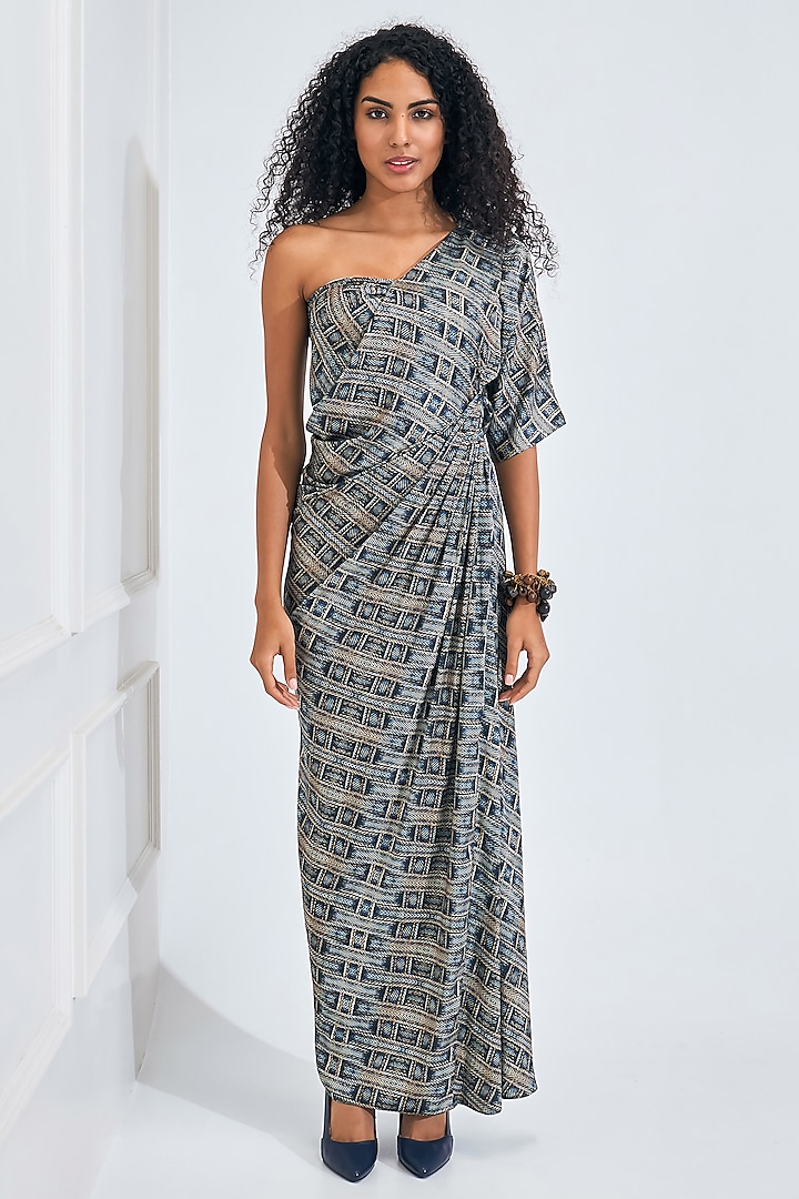Blue & Beige Satin Digital Printed Draped Gown by NA-KA at Pernia's Pop Up Shop