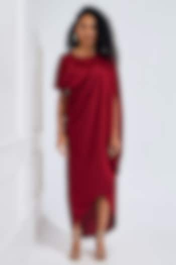 Deep Red Satin Pleated Draped Dress by NA-KA