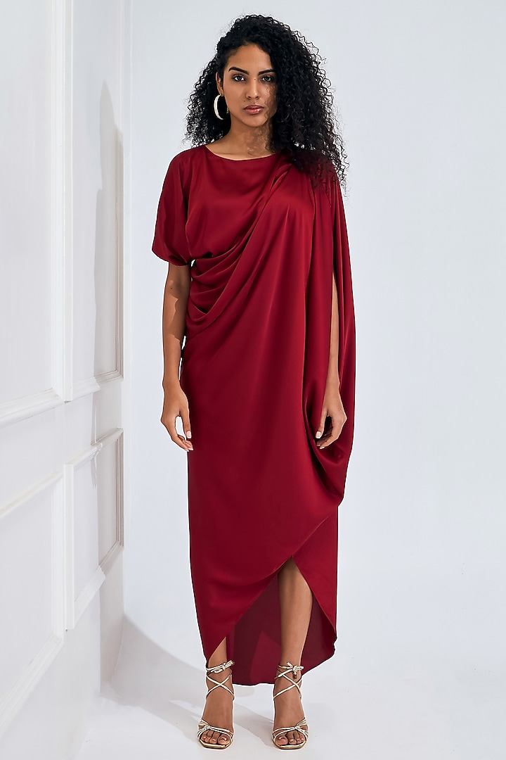 Deep Red Satin Pleated Draped Dress by NA-KA