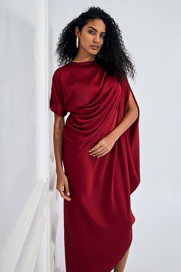 Deep Red Satin Pleated Draped Summer Dress by NA-KA at Pernia's Pop Up Shop