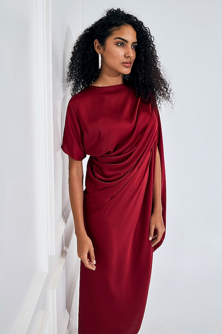 Deep Red Satin Pleated Draped Summer Dress by NA-KA at Pernia's Pop Up Shop
