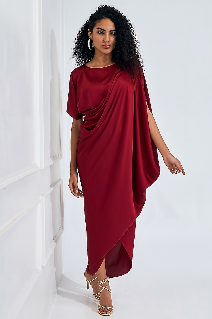 Deep Red Satin Pleated Draped Summer Dress by NA-KA at Pernia's Pop Up Shop