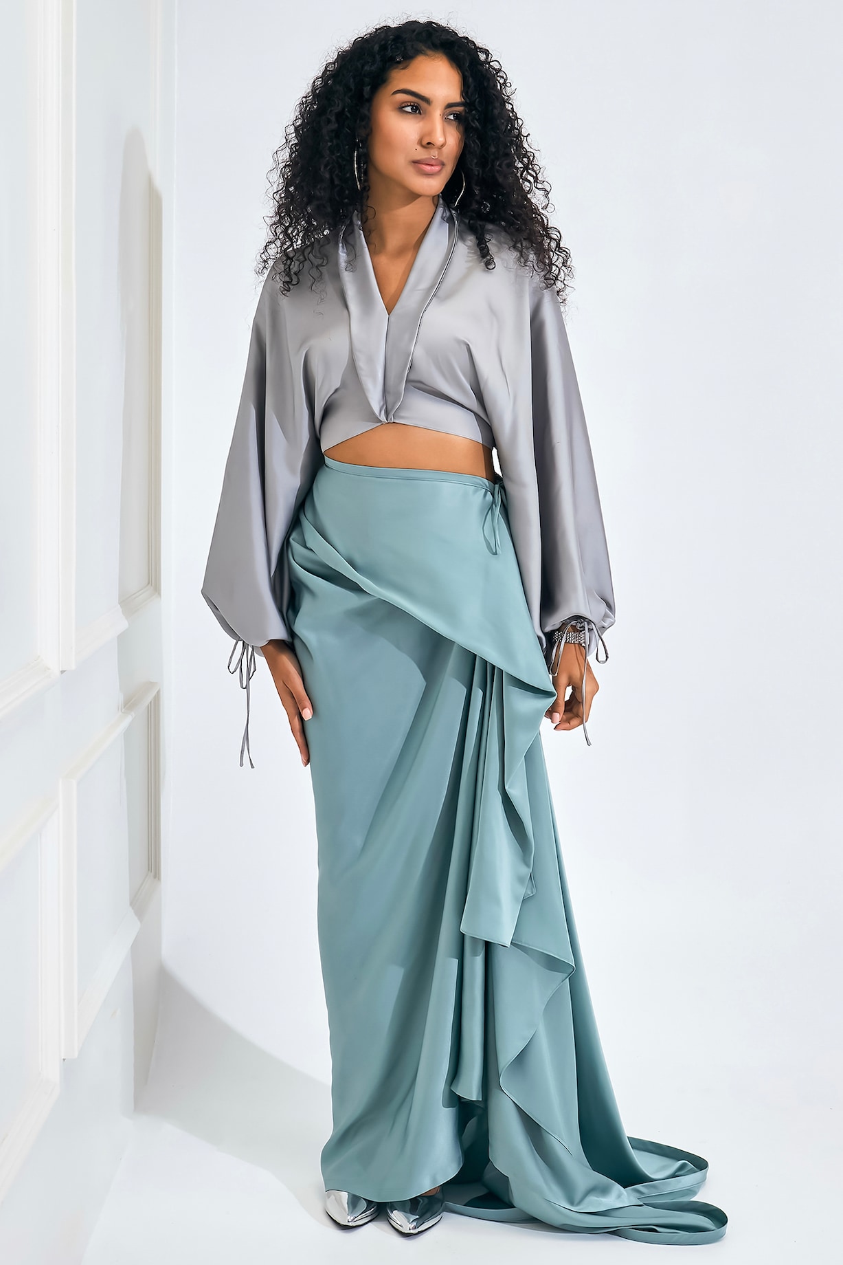 célon satin flared skirt Seafoam Green Satin Silk Draped Skirt Set by NA-KA at