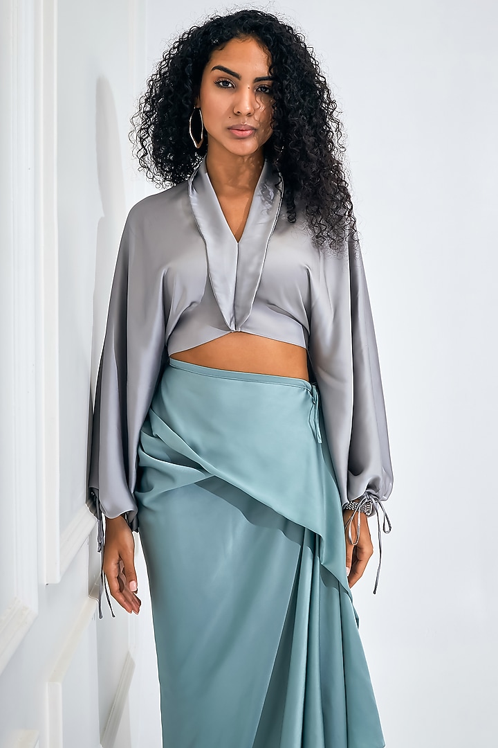 Seafoam Green Satin Silk Draped Skirt Set by NA-KA at Pernia's Pop Up Shop
