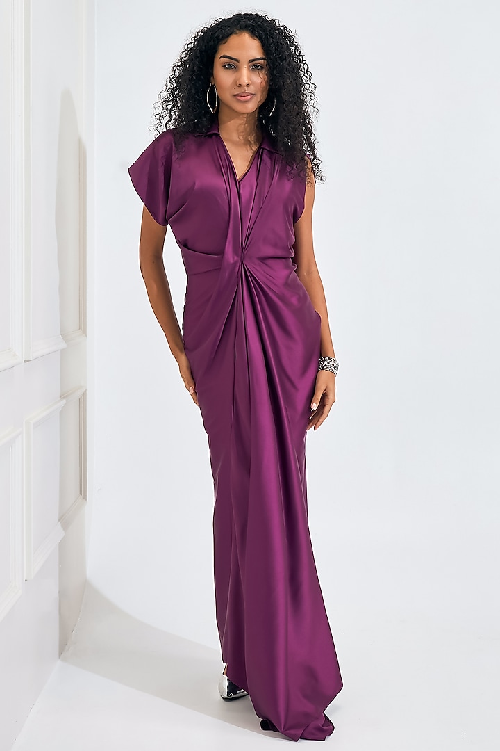 Wine Satin Pleated Draped Gown by NA-KA at Pernia's Pop Up Shop