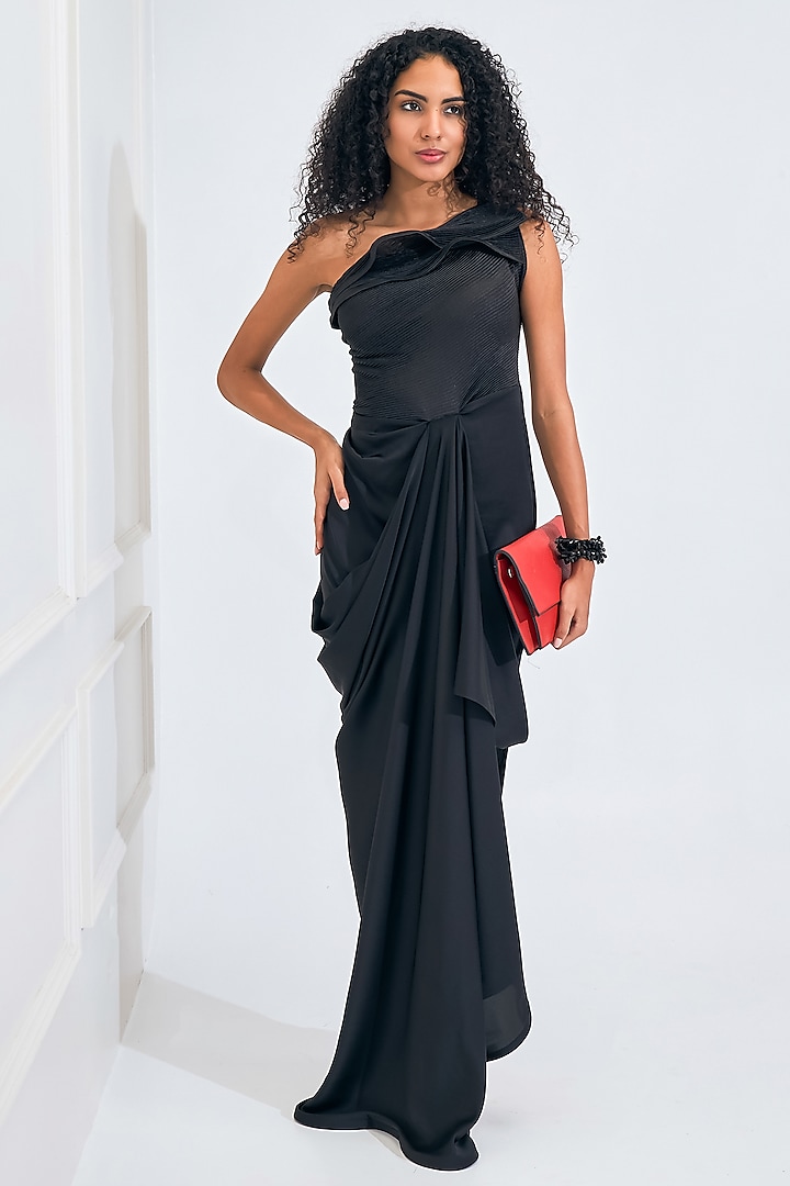 Black Satin High-Low Draped Gown by NA-KA at Pernia's Pop Up Shop