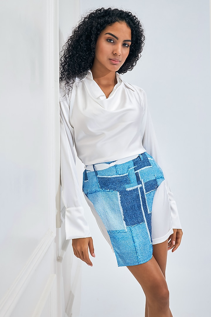 Blue & White Satin Digital Printed Co-Ord Set by NA-KA at Pernia's Pop Up Shop