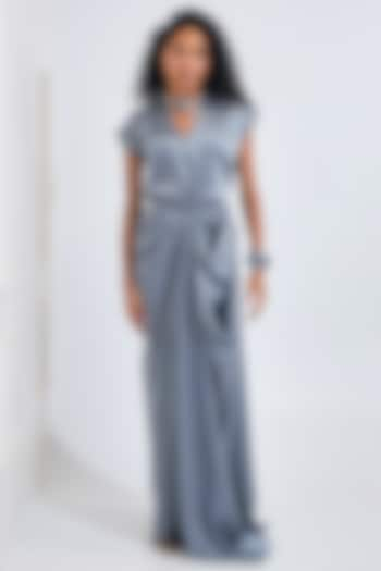 Matte Silver Satin Draped Flared Gown by NA-KA at Pernia's Pop Up Shop