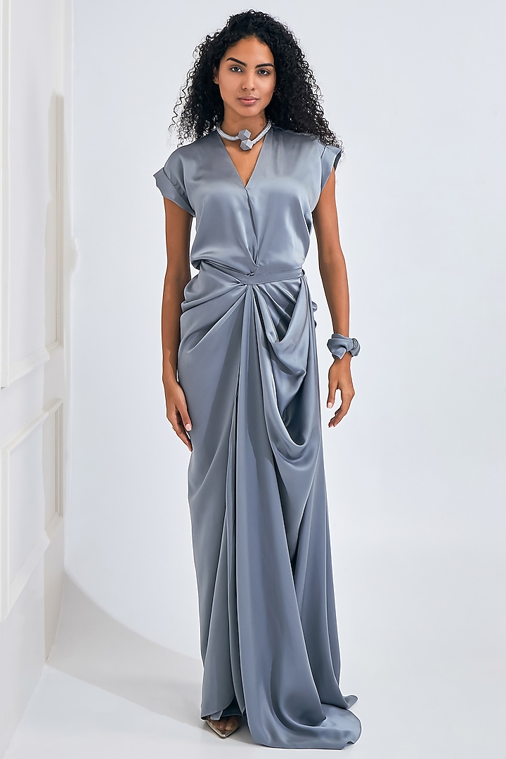 Matte Silver Satin Draped Flared Gown by NA-KA at Pernia's Pop Up Shop