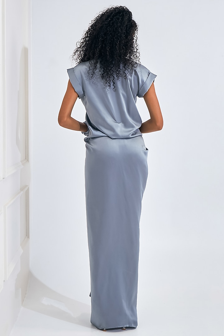 Matte Silver Satin Draped Flared Gown by NA-KA at Pernia's Pop Up Shop
