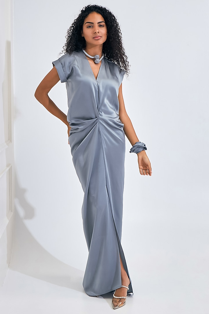 Matte Silver Satin Draped Flared Gown by NA-KA at Pernia's Pop Up Shop