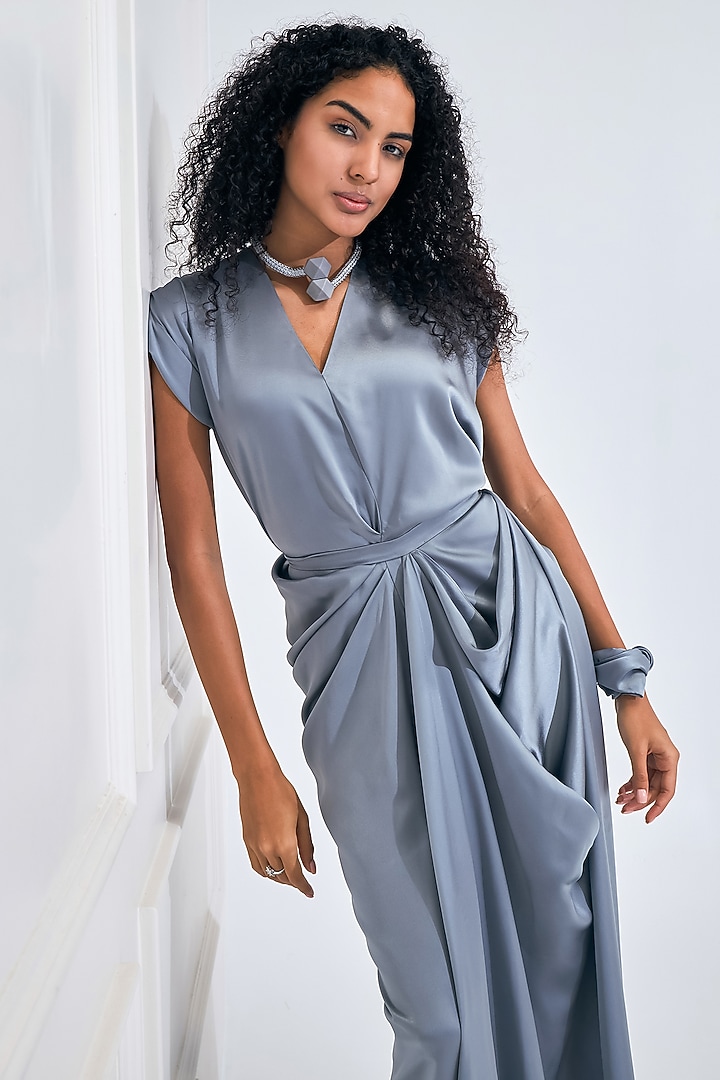 Matte Silver Satin Draped Flared Gown by NA-KA at Pernia's Pop Up Shop 2026 Matte Silver Satin Draped Flared Gown by NA-KA at Pernia's Pop Up Shop 2026