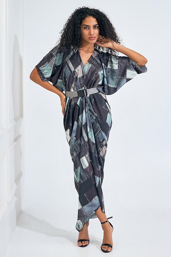 Black & Green Satin Digital Printed Draped Dress by NA-KA at Pernia's Pop Up Shop