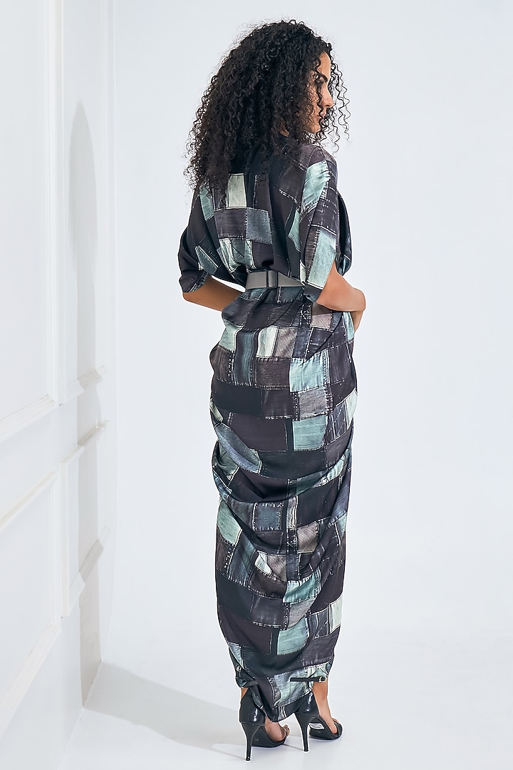 Black & Green Satin Digital Printed Draped Summer Dress by NA-KA at Pernia's Pop Up Shop