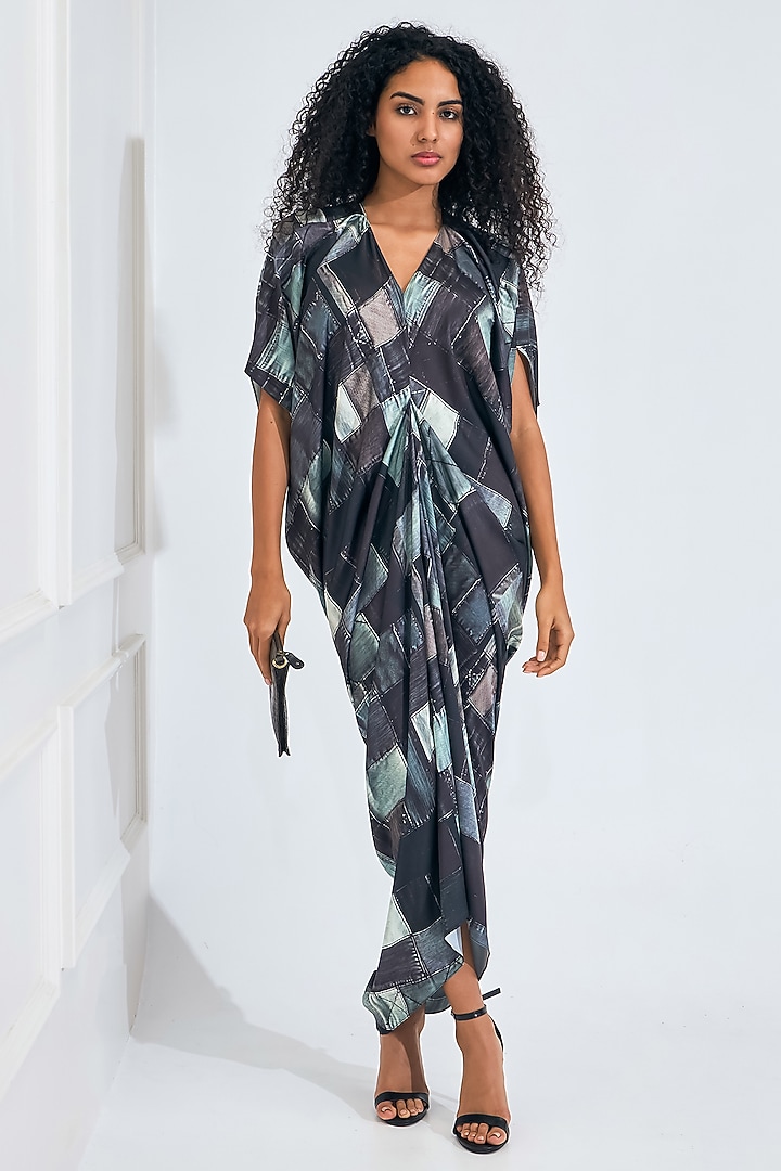 Black & Green Satin Digital Printed Draped Summer Dress by NA-KA at Pernia's Pop Up Shop