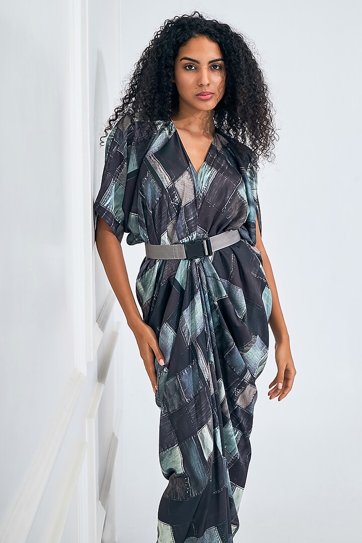Black & Green Satin Digital Printed Draped Summer Dress by NA-KA at Pernia's Pop Up Shop