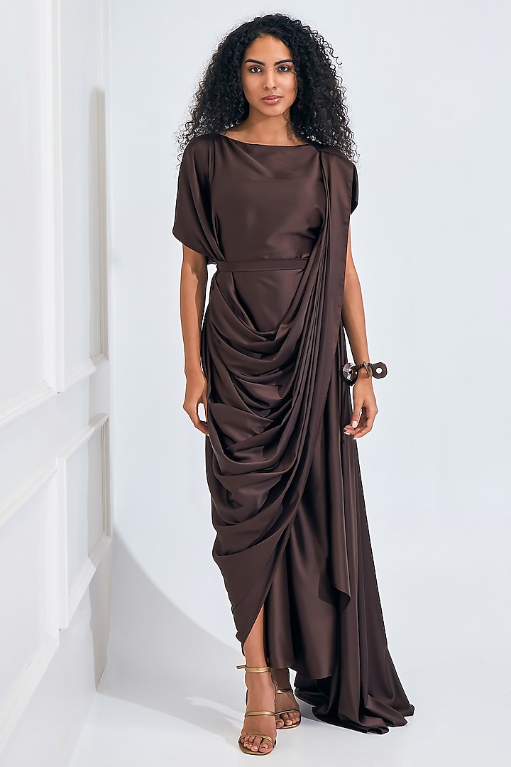 Chocolate Brown Satin Draped Flared Gown by NA-KA at Pernia's Pop Up Shop