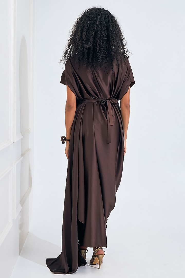 Chocolate Brown Satin Draped Flared Gown by NA-KA at Pernia's Pop Up Shop