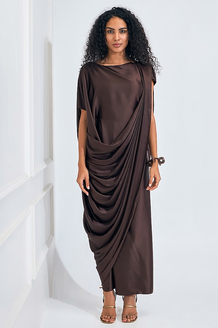 Chocolate Brown Satin Draped Flared Gown by NA-KA at Pernia's Pop Up Shop