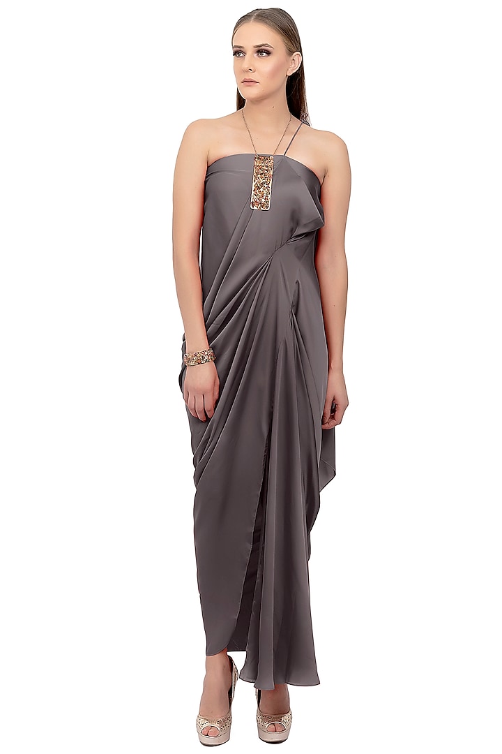 Steel Grey Off-Shoulder Dress With Scarf by NA-KA