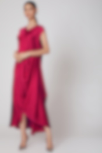 Deep Red Satin Silk Pleated Cowl Dress by NA-KA