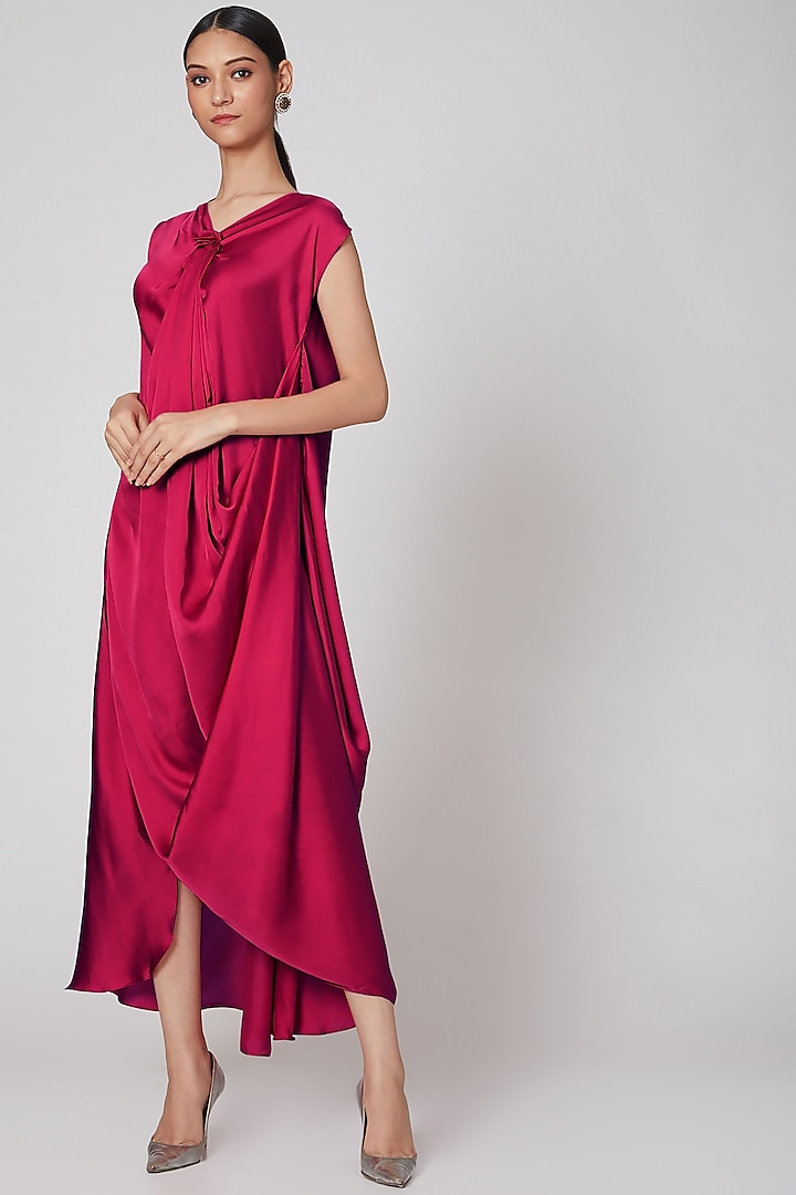 Deep Red Satin Silk Pleated Cowl Dress by NA-KA