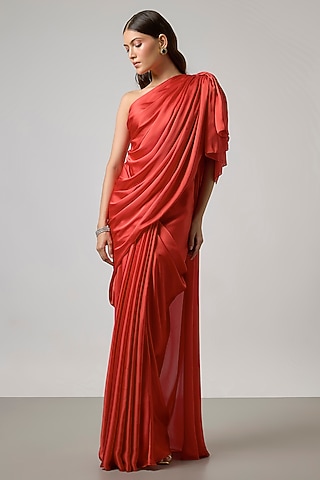 Orange Satin Draped Skirt Set by NA-KA