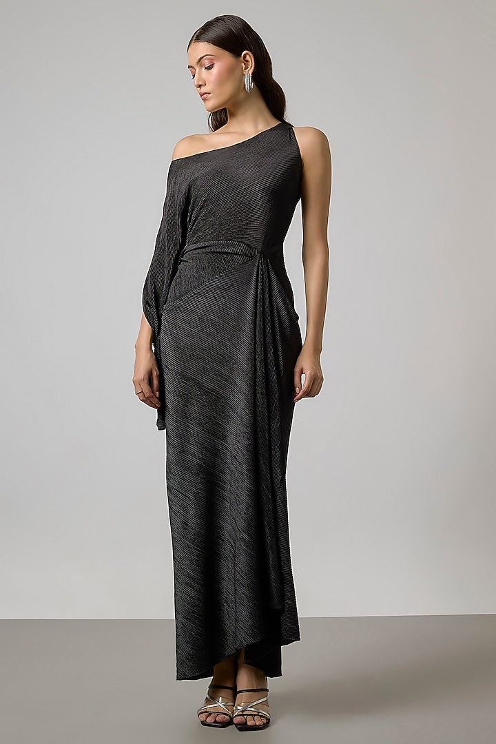 Black Self Pleated Stretch Gown by NA-KA at Pernia's Pop Up Shop