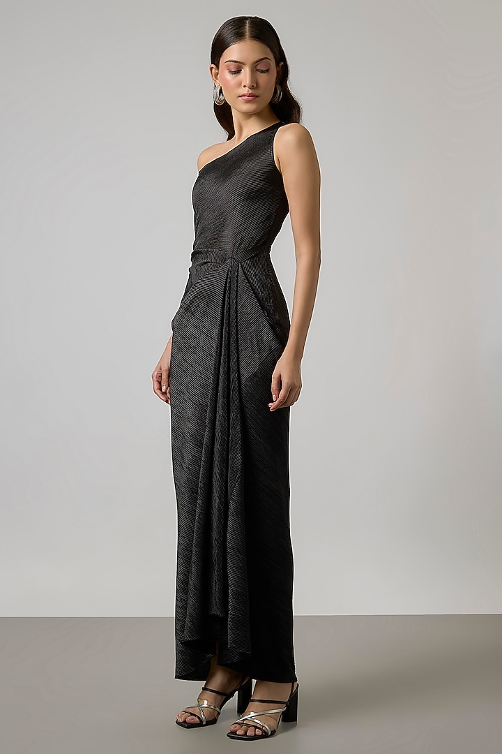 Black Self Pleated Stretch Gown by NA-KA at Pernia's Pop Up Shop