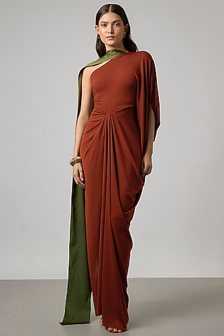 chinese dress ladies KENNY BROWN DRAPED FULL SLEEVES NET DRAPED GOWN | CULT MIA