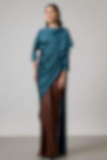 Teal Blue & Brown Satin Draped Skirt Set by NA-KA at Pernia's Pop Up Shop