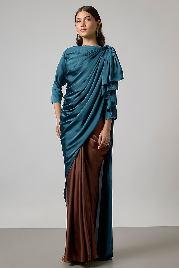 Teal Blue & Brown Satin Draped Skirt Set by NA-KA at Pernia's Pop Up Shop