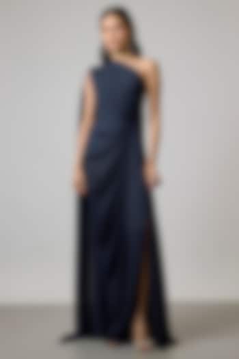 Navy Blue Double Georgette One-Shoulder Gown by NA-KA at Pernia's Pop Up Shop