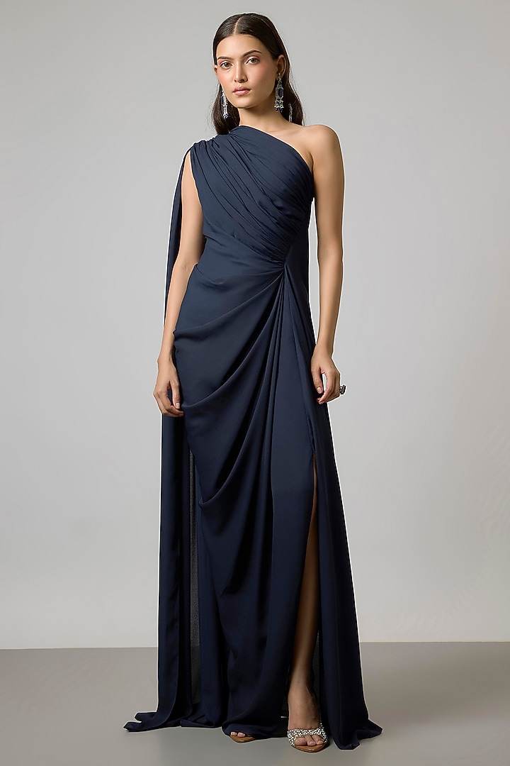 Navy Blue Double Georgette One-Shoulder Gown by NA-KA at Pernia's Pop Up Shop