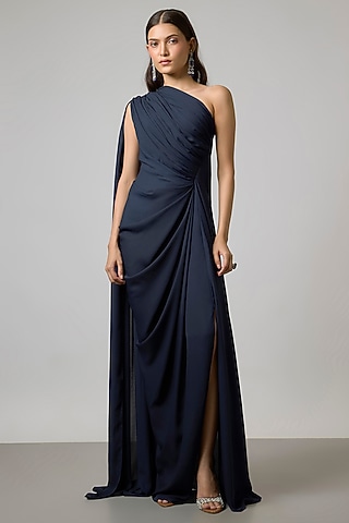 Navy Blue Double Georgette One-Shoulder Gown by NA-KA