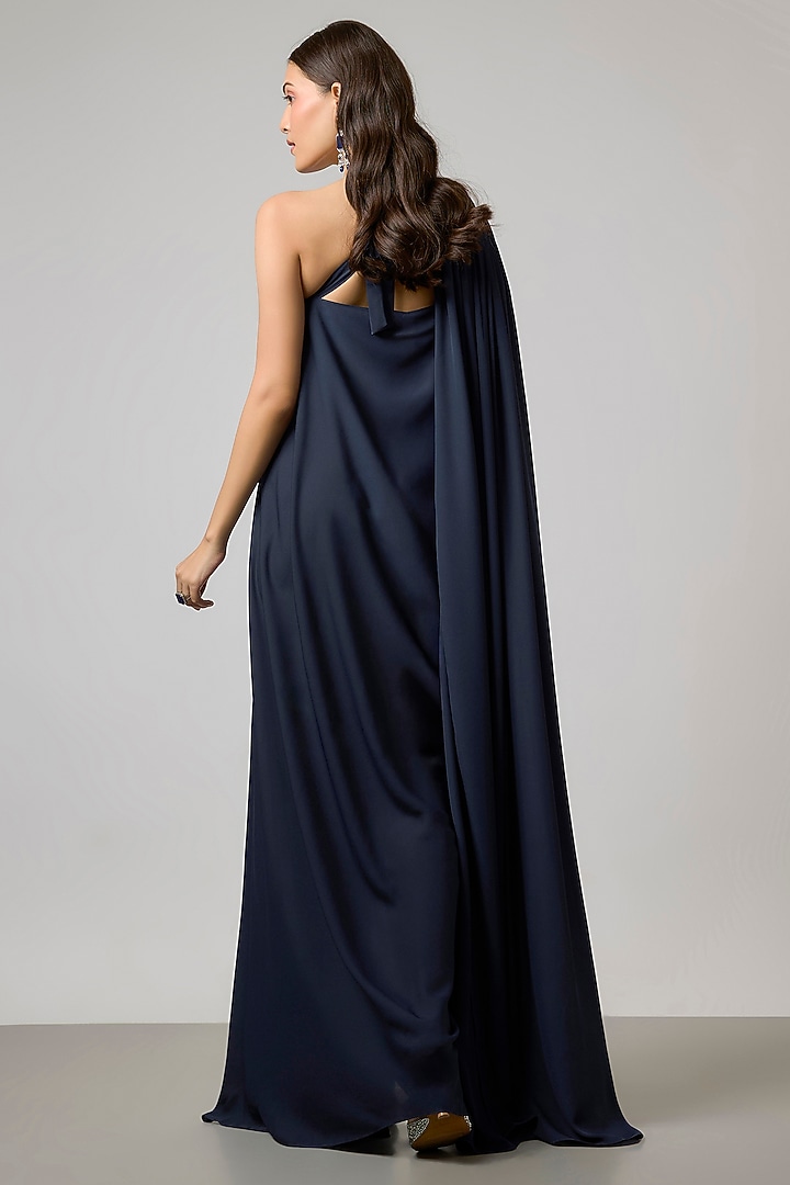 Navy Blue Double Georgette One-Shoulder Gown by NA-KA at Pernia's Pop Up Shop