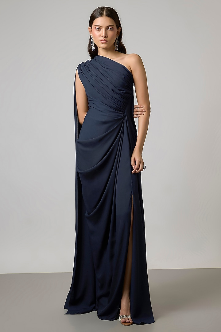 Navy Blue Double Georgette One-Shoulder Gown by NA-KA at Pernia's Pop Up Shop