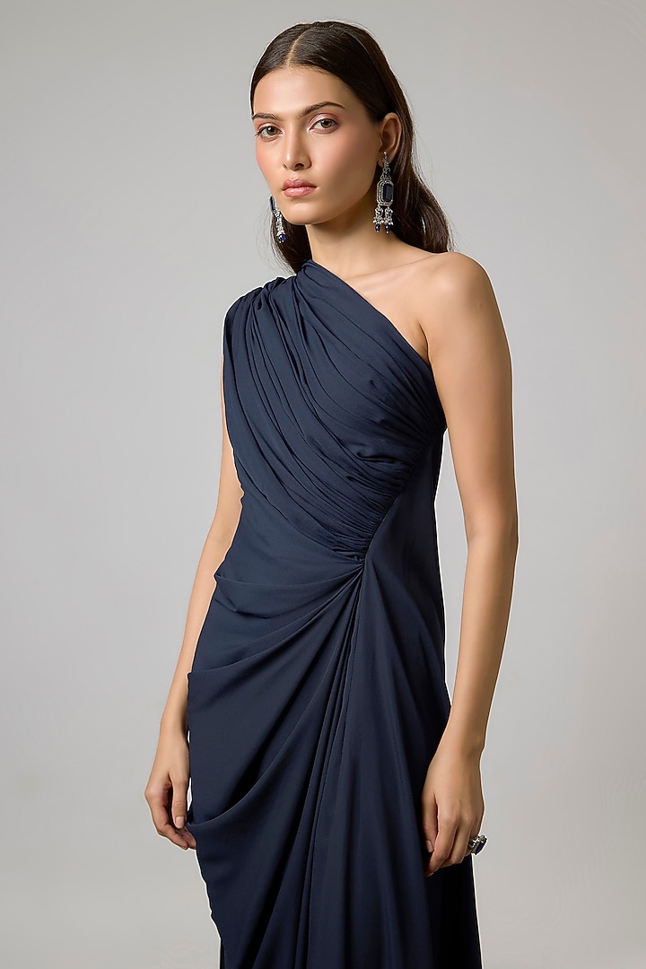 Navy Blue Double Georgette One-Shoulder Gown by NA-KA at Pernia's Pop Up Shop