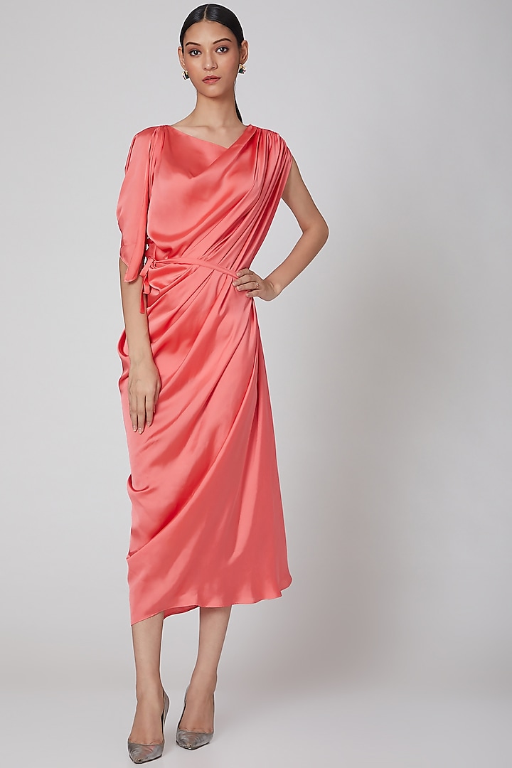 Peach Silk Satin Draped Dress by Na-Ka