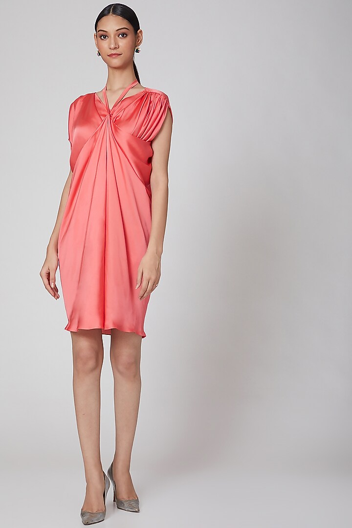 Peach Silk Satin Draped Summer Dress by Na-Ka at Pernia's Pop Up Shop