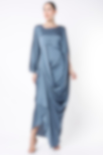 Bluish Grey Satin Silk Draped Kaftan Gown by NA-KA