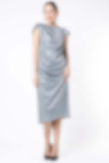 Bluish Silver Satin Silk Draped Cowl Dress by NA-KA