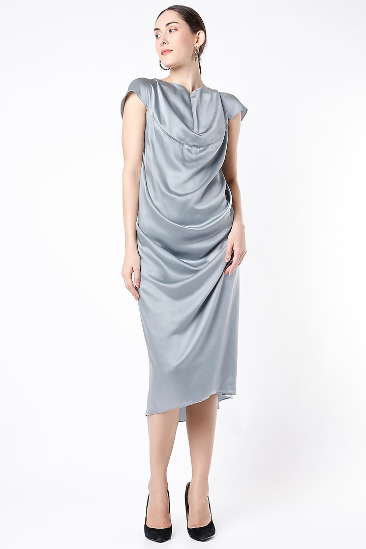 Bluish Silver Satin Silk Draped Cowl Summer Dress by NA-KA at Pernia's Pop Up Shop