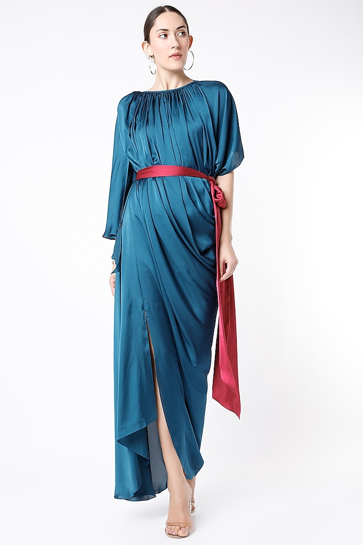 Cobalt Blue Satin Silk Draped Dress by NA-KA